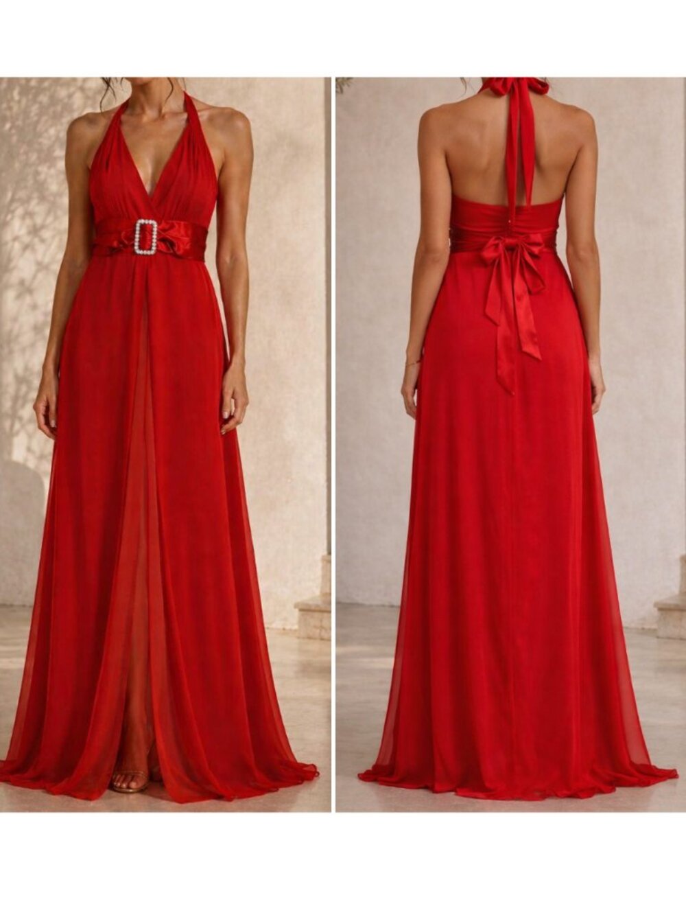 Jessica Gorgeous Red Halter Maxi Dress Open Back Formal Gown Prom Dress  size 14